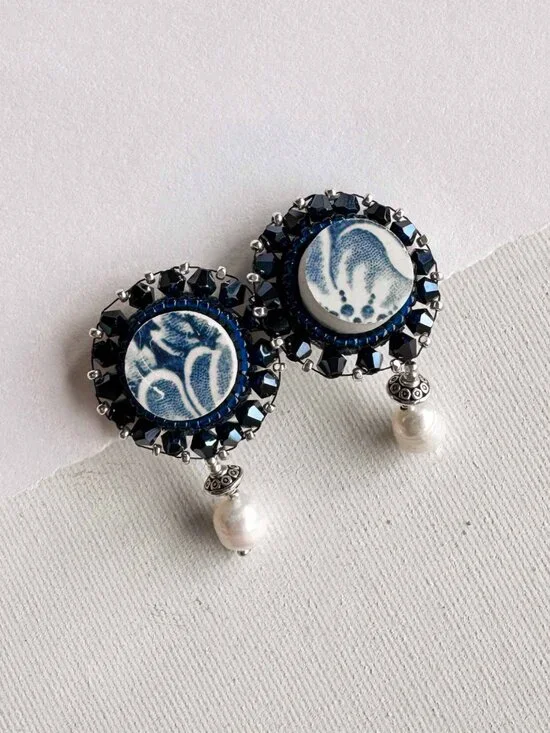 Upcycled Ceramic Pearl Dangle Earrings Blue Statement Studs - Picture 9 of 12